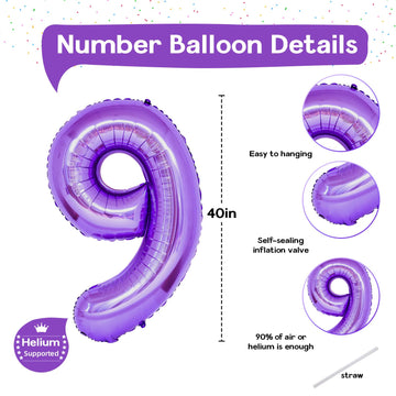 40 Inch Purple Number Balloons, Giant Self Inflating Foil 9 Years Old Birthday Number Balloon For Girls, 9 Balloon Mylar Helium