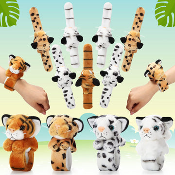 Lenwen 8 Pcs Tiger Leopard Stuffed Animals Slap Bracelets for Kids Plush Animal Cute Wrist Slap Bands for Birthday Party Favors