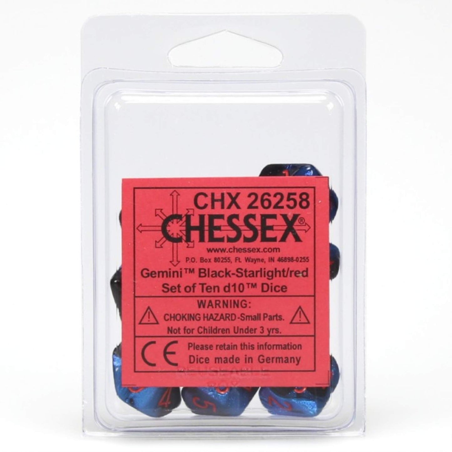Chessex Manufacturing Chx26258 Black Starlight Clamshell Gemini No7 D10 Dice  Red Numbers - Pack Of 10