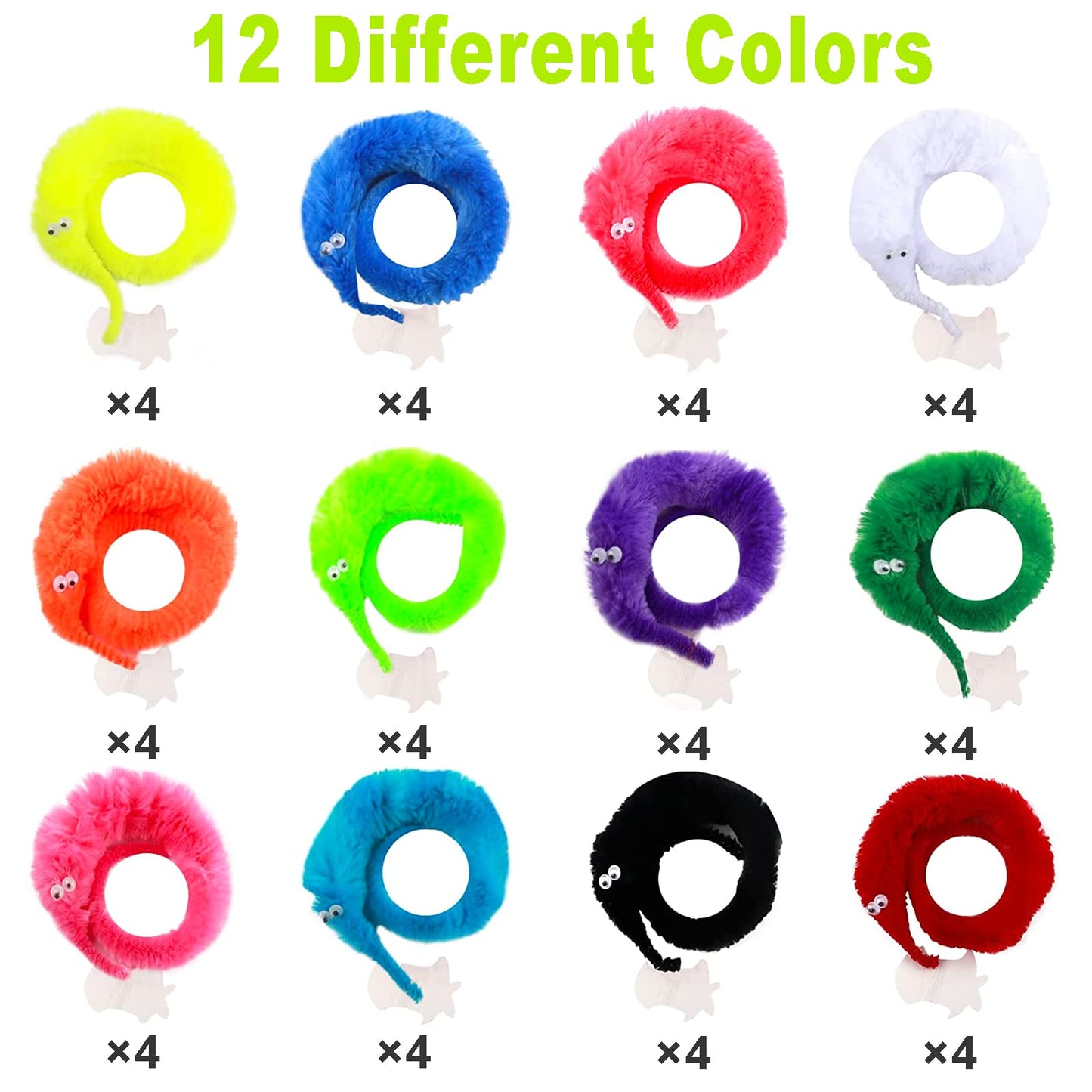 CCINEE 48 Pcs Magic Twisty Worm Toys, Fuzzy Worms on a String, Medium, 12 Colors, Fun Party Favors for Kids and Cats
