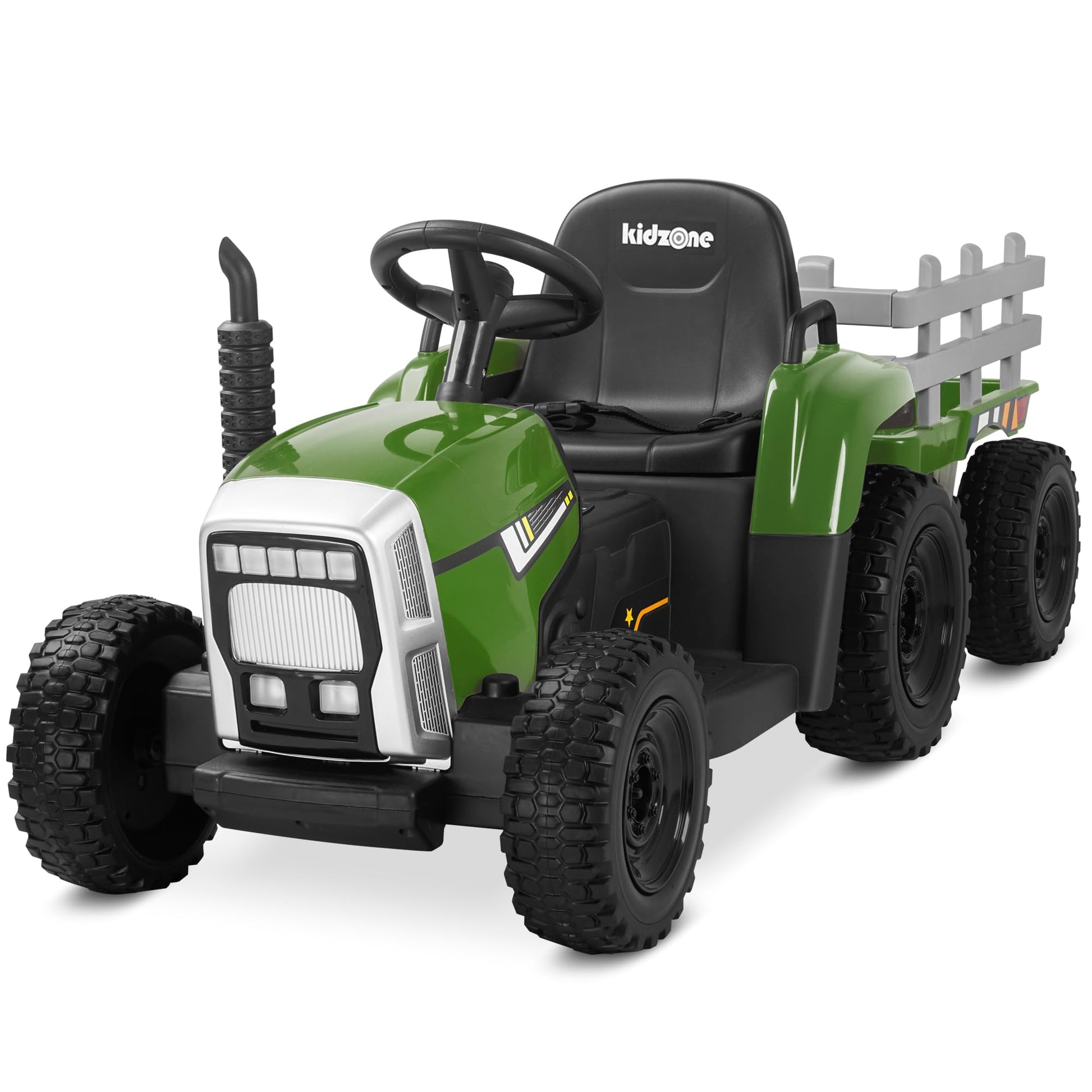 Kidzone 12V7AH enhanced Version w/EVA Treaded Tires Dual 35W Motors Boost Power Torque Remote Control Electric Tractor w/Trailer Toddler Ride On Toy 3-Gear-Shift  7-LED Lights Bluetooth  Dark Green