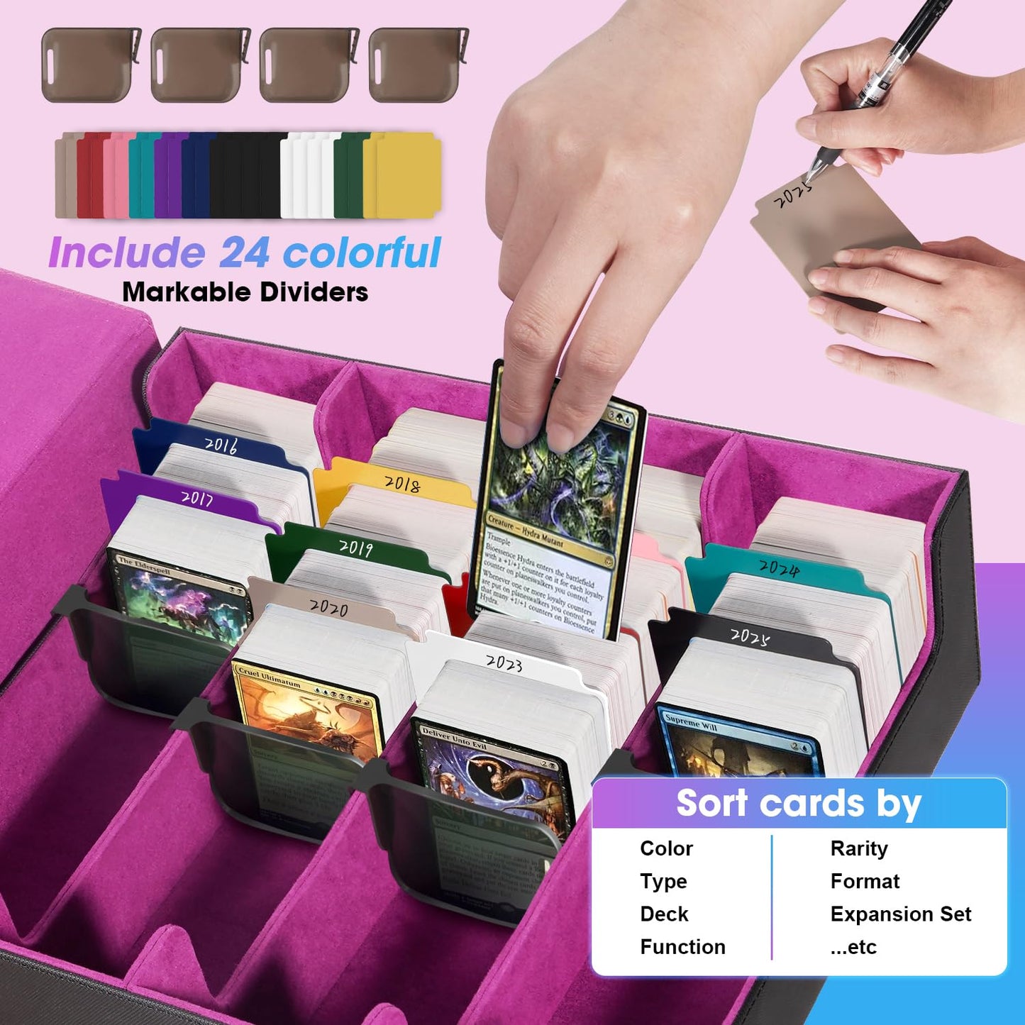 Mztxy 3000+Trading Card Storage Box, Pu Leather Organizer Case With 24 Dividers, Magnetic Closure, 4 Supporters, For Game Sports