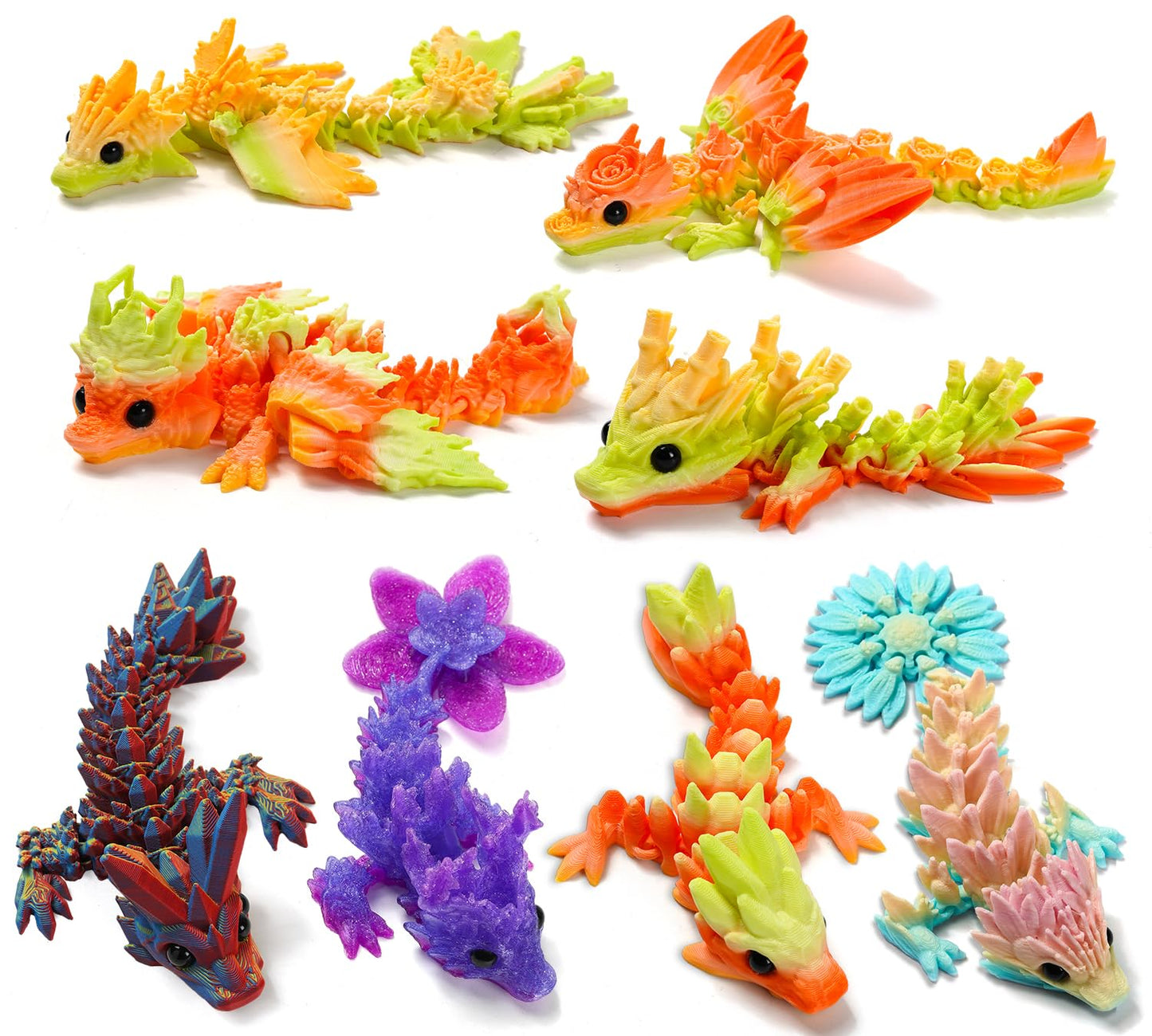 GHIAKQYT 8PCS 3D Printed Dragon Toys  Articulated Dragon Fidget Toy Flexible Desk Pets  3D Printed Animals Toys Gift for Kids mature-themed Home Office Decor