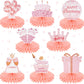 Yalikop 8 Pcs Pink Rose Gold Birthday Decorations for Women Happy Birthday Honeycomb Centerpieces for Tables Glitter Birthday Ta