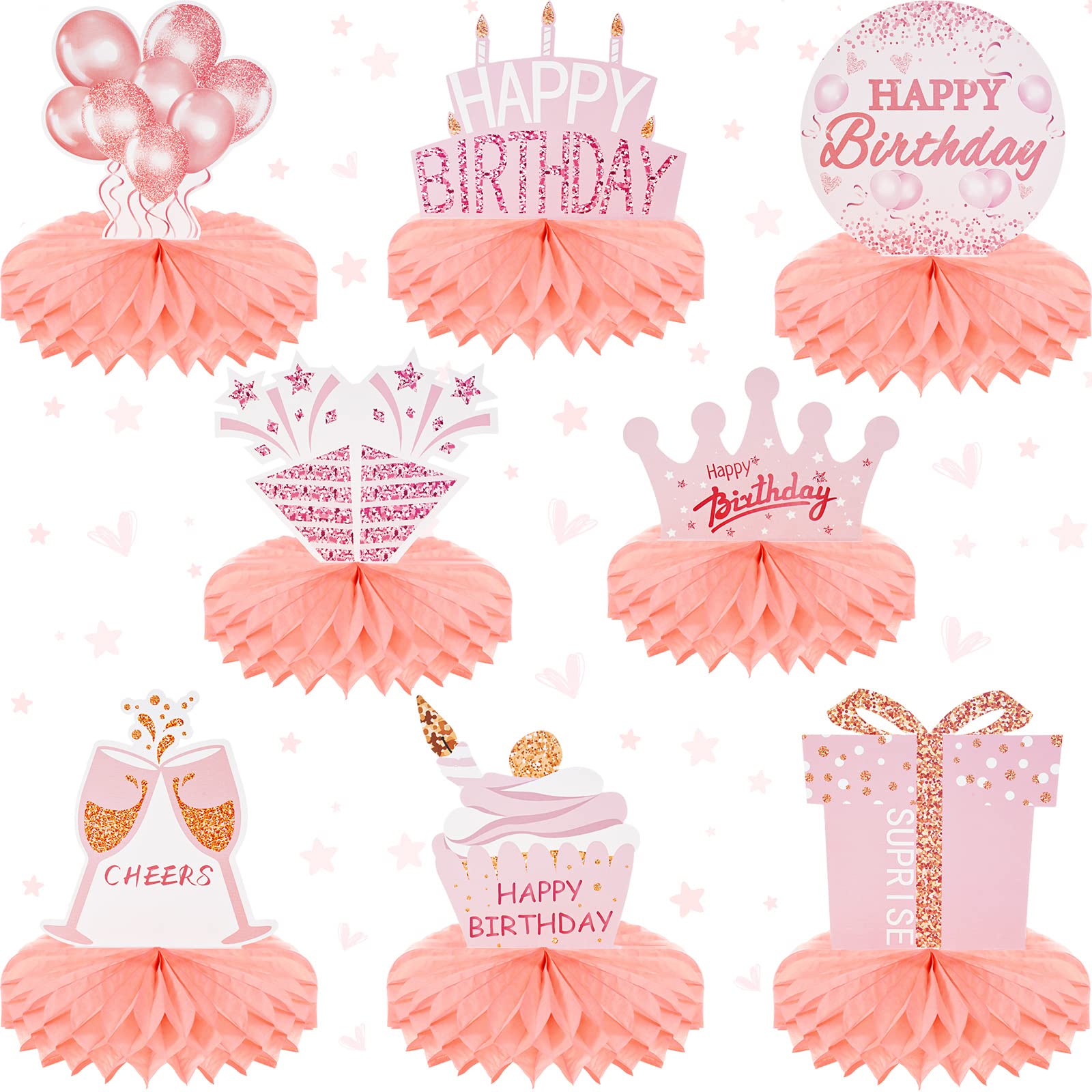 Yalikop 8 Pcs Pink Rose Gold Birthday Decorations for Women Happy Birthday Honeycomb Centerpieces for Tables Glitter Birthday Ta