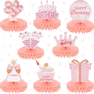 Yalikop 8 Pcs Pink Rose Gold Birthday Decorations for Women Happy Birthday Honeycomb Centerpieces for Tables Glitter Birthday Ta