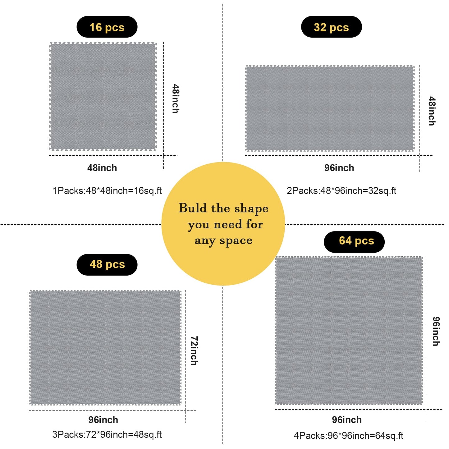 Shihanee Foam Floor Baby Tiles Foam Floor Mats Play Mats Bulk With Borders Interlocking For Kids Baby Playroom Nursery Gym (Gray
