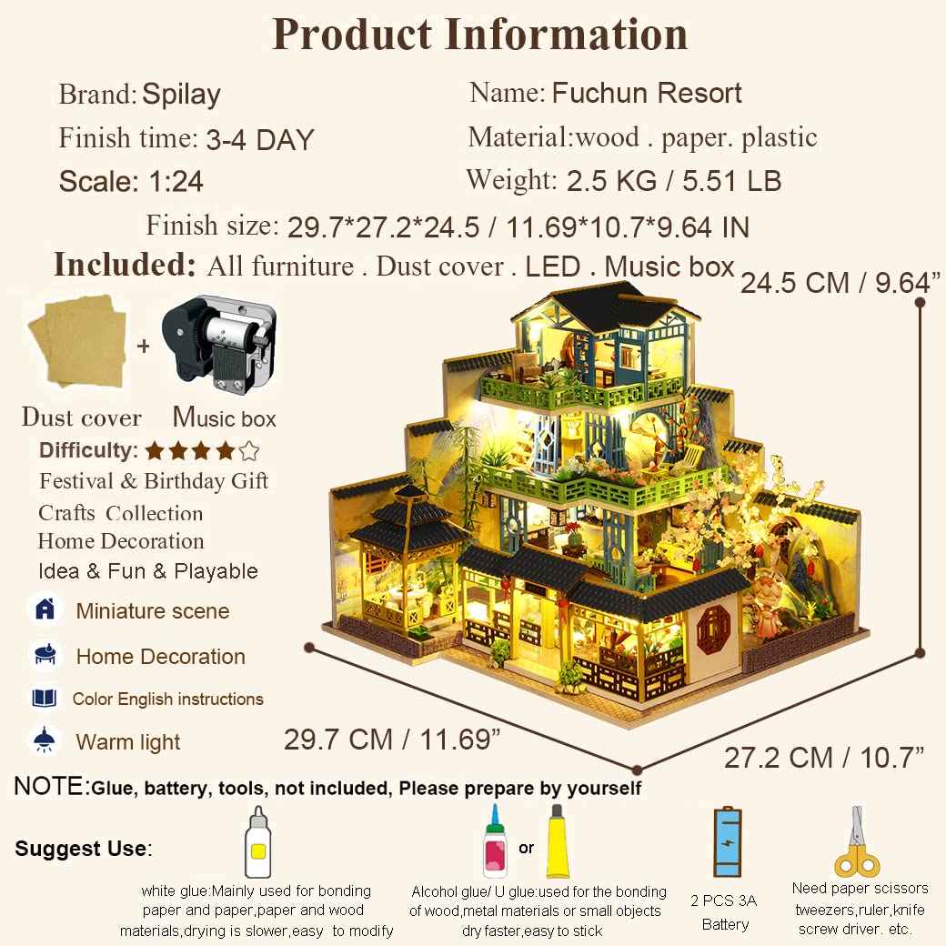 Spilay Dollhouse DIY Miniature Wooden Furniture Kit Mini Handmade Big Castle Model with LED & Music Box 1:24 Scale Creative Doll House Toys for mature-themed Gift