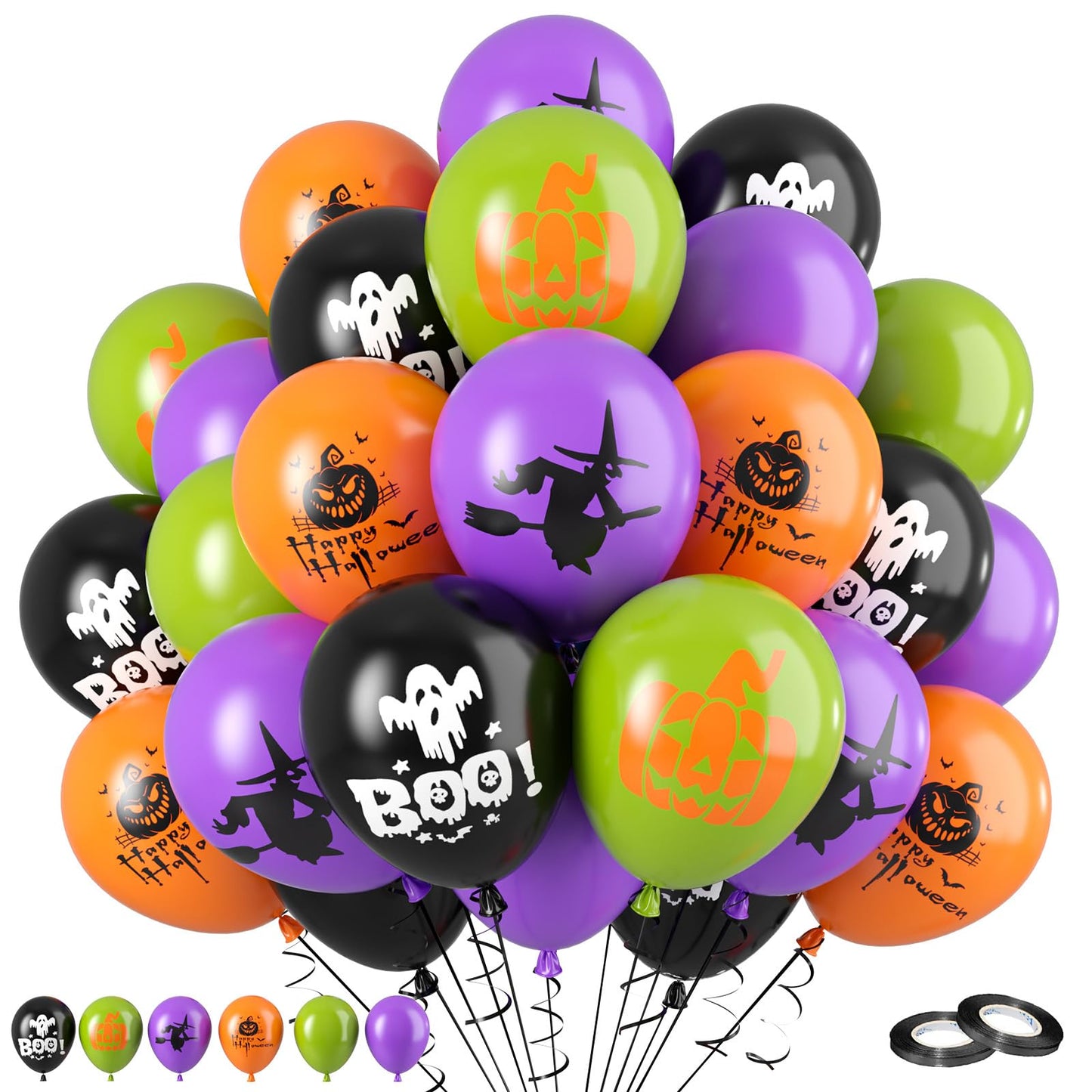 Funhot Halloween Party Balloons, 60Pcs Purple Orange Green Balloons, 12 Inch Orange Black Purple And Green Printed Pattern Decor