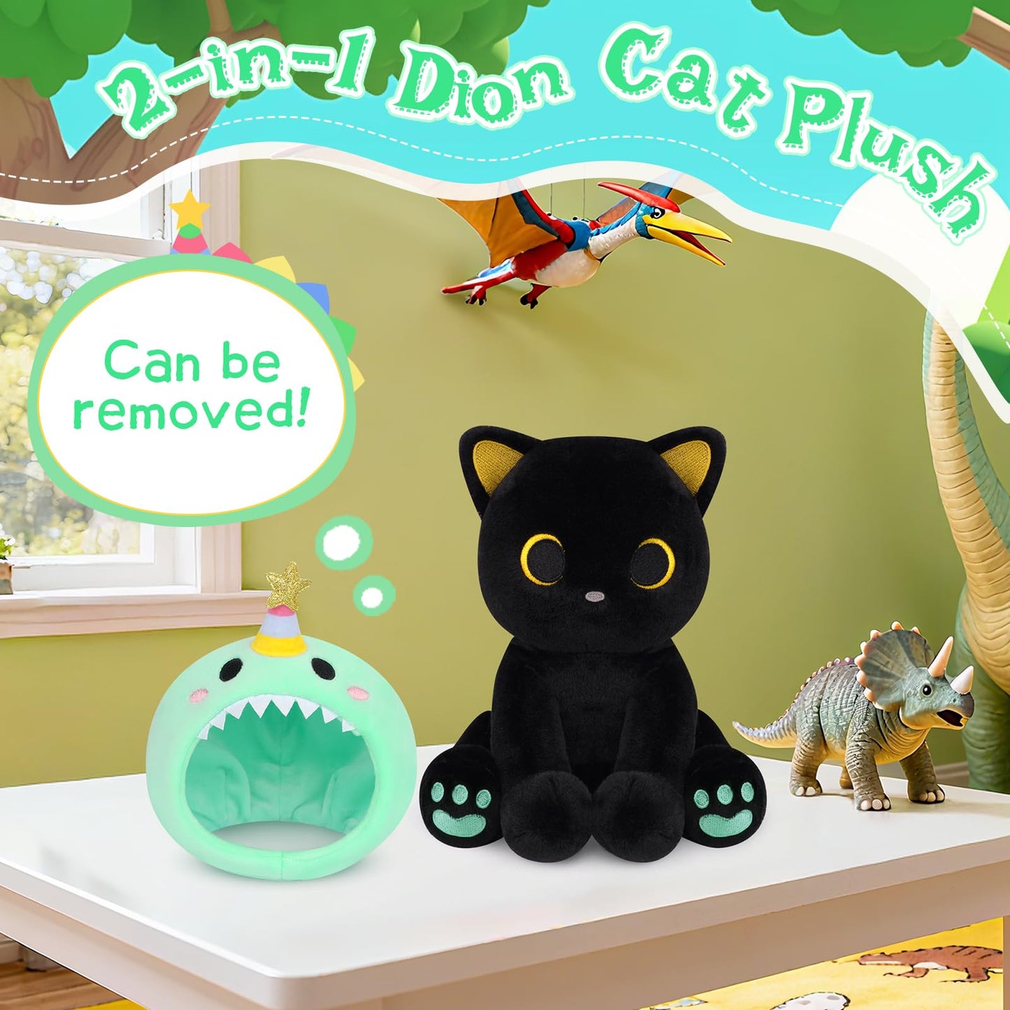 Hagusahuo Dinosaur Plush  8inches Black Cat Plush with Green Dino Plushie Hood Removable  Cute Plushies Shiny Dinosaur Stuffed Animal Doll Toy Birthday Gifts for Kids Boys Girls