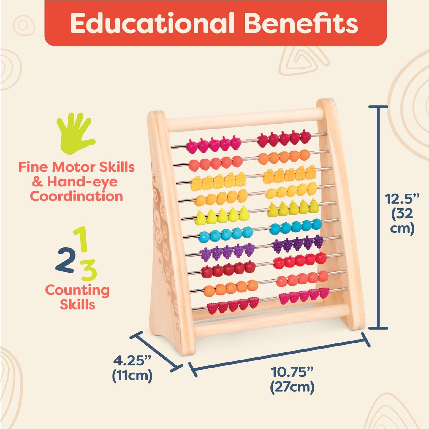 B. Toys Fruity! Wooden Abacus For Kids Classic Math Learning Toy With 100 Beads Educational For Addition, Subtraction Numbers & Counting 18+ Months