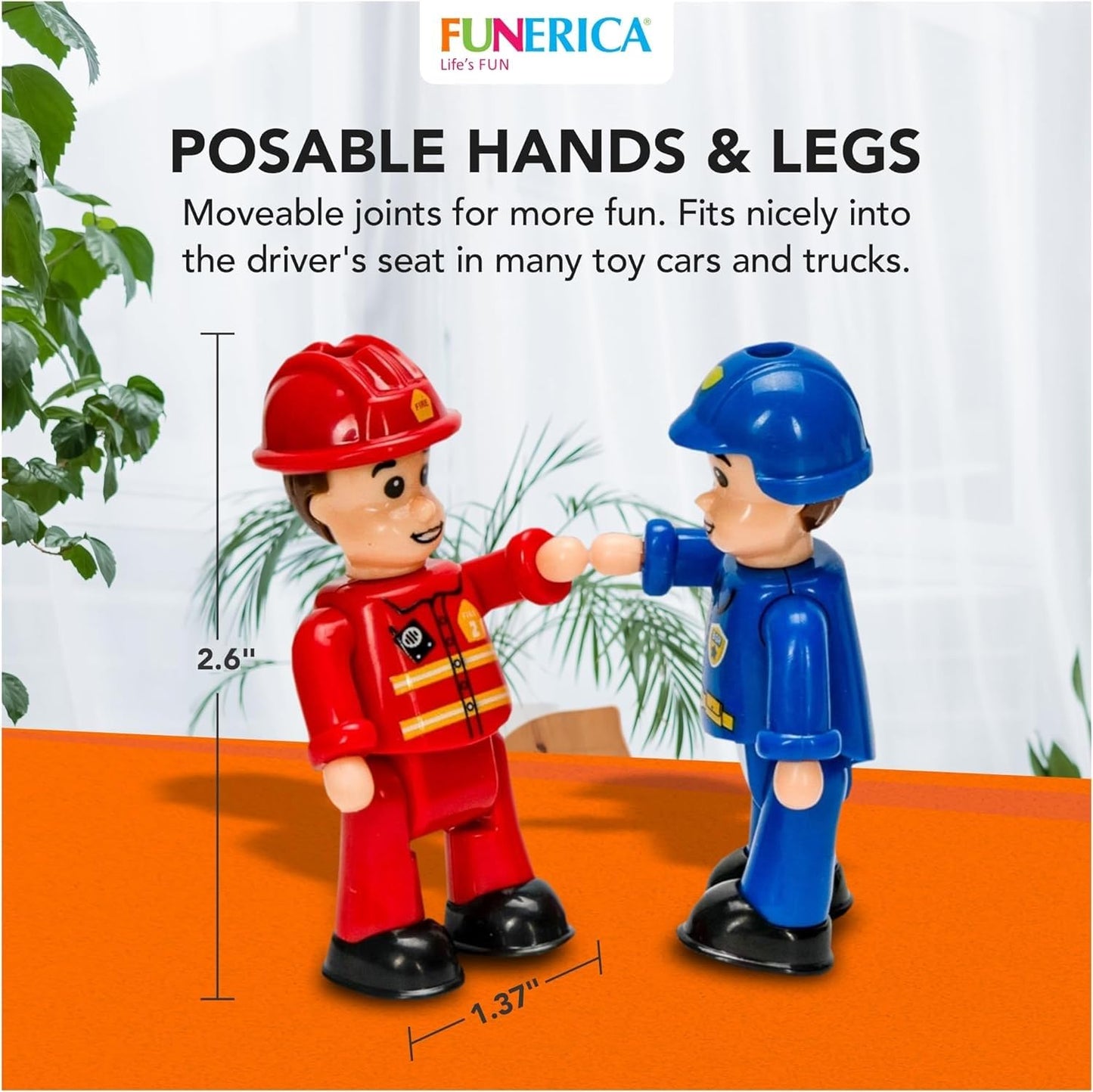 Funerica 12-Pcs People Figures And Toy Cars Playset - Fireman, Police, Construction Workers - Pretend Play Vehicle & Figurine Set Accessories For Kids - Emergency Rescue & Construction Toys