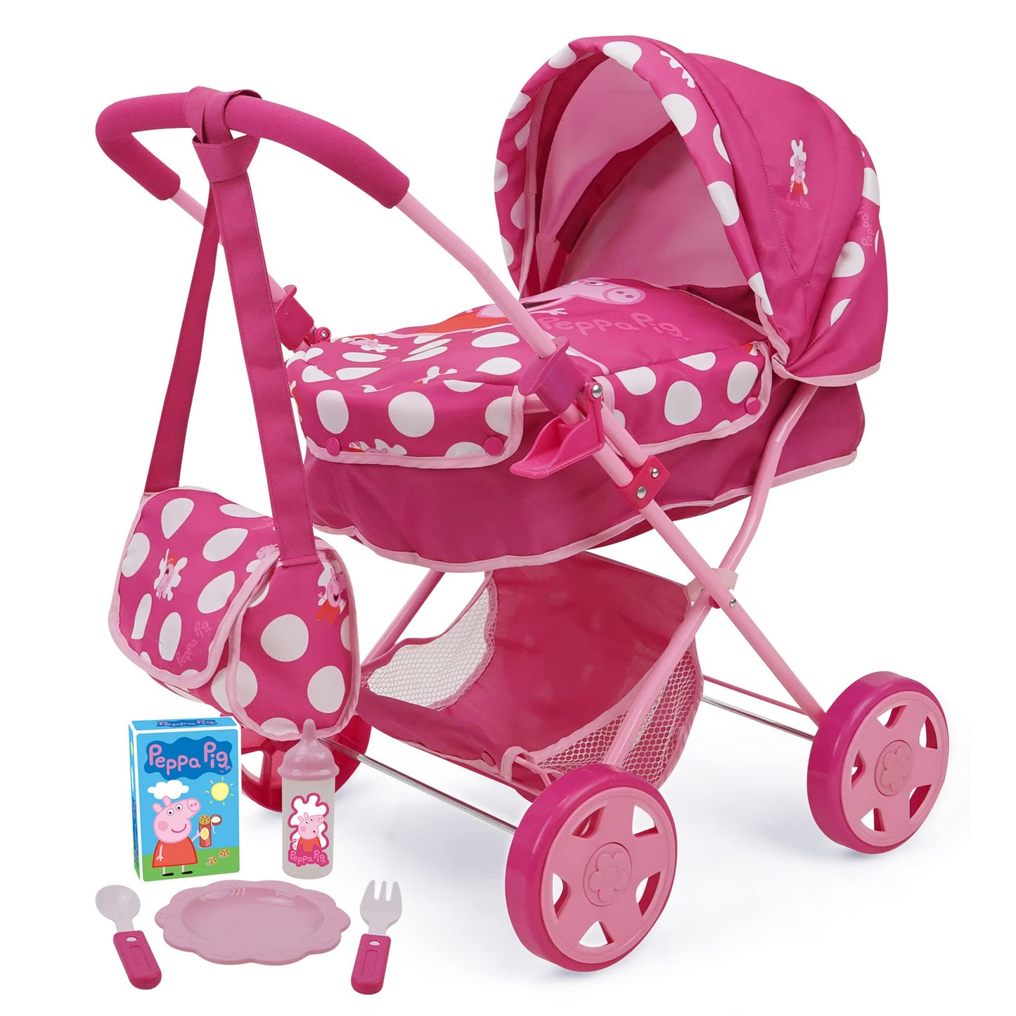 Peppa Pig Baby Classic Doll Pram Set, 7 Piece, Pink & White Dots, Fits Dolls Up to 18", Includes Canopy & Accessories, Model T838037