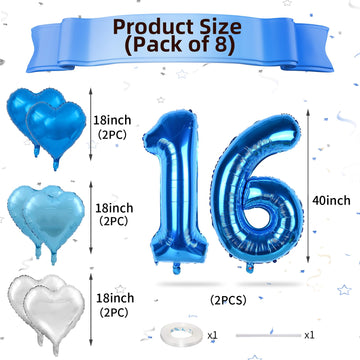 Biapian 40 Inch Blue Number 16 Balloons, 8Pcs Large Foil Number 1 & 6 Balloons With 18'' Blue Silver Heart Shape Balloon For 16T