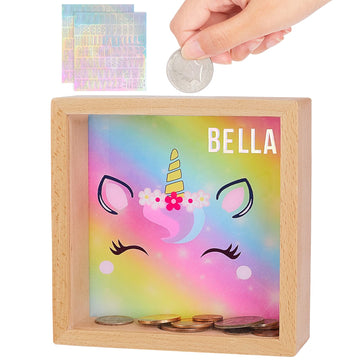 Piggy Bank Girls, Wooden Piggy Bank For Kids Unicorn Money Bank Coin Bank With Diy Letter Stickers,Rainbow