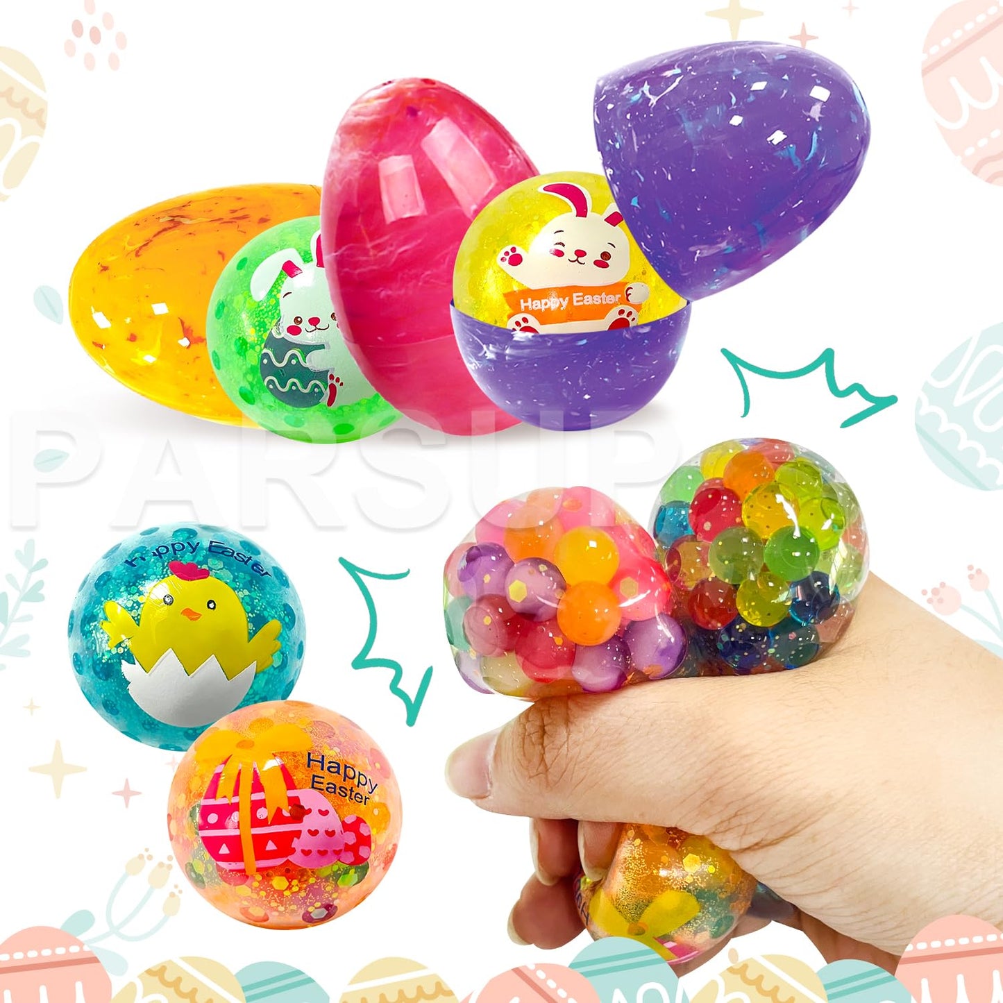 12Pcs Easter Marble Eggs With Fidget Stress Balls, 1Pc Non Woven Bags For Easter Theme Party Favors, Supplies For Easter Egg Hun