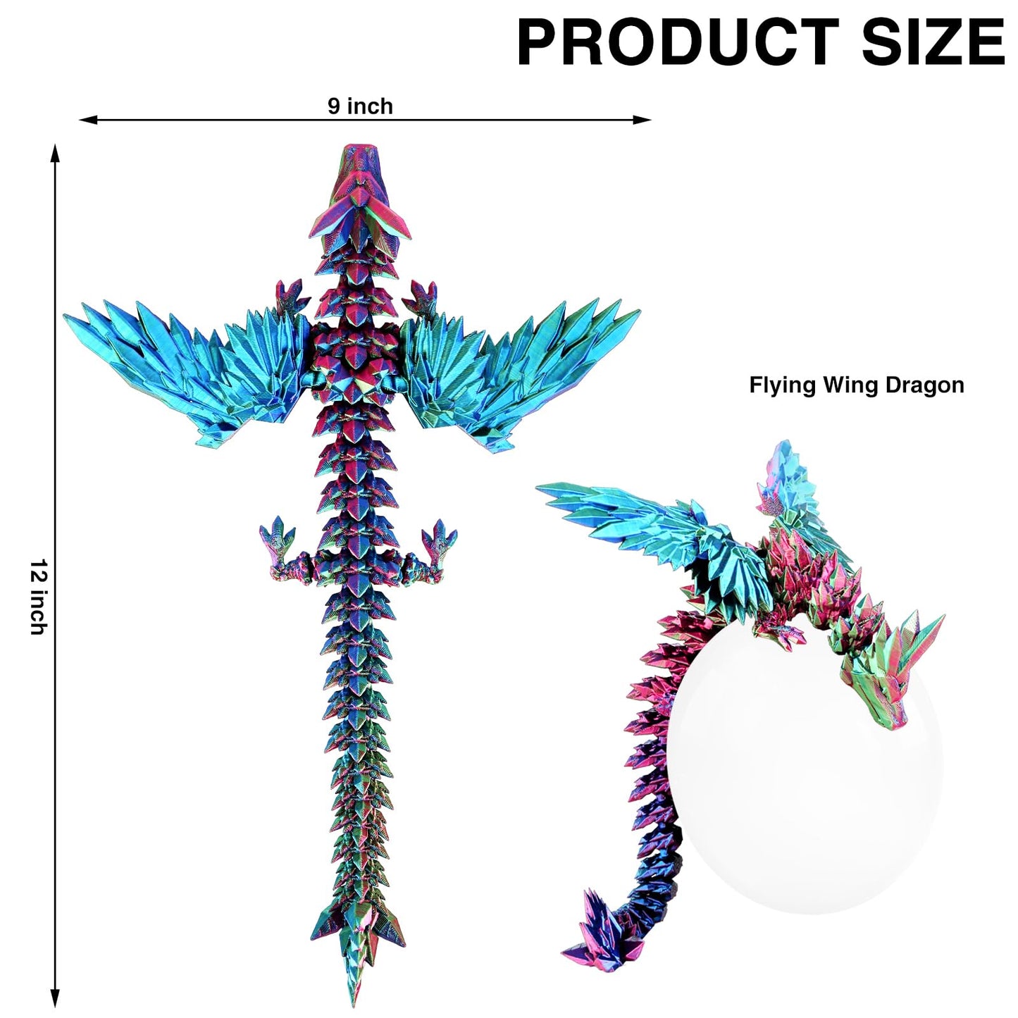 3D Printed Dragon With Wings Flying,Rainbow Crystal Wing Dragon Fidget Toys,Red Green Blue