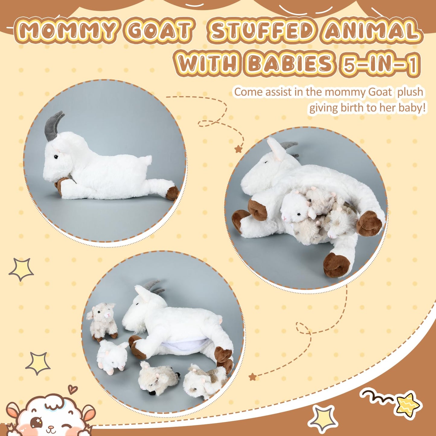 Hollowfly 5 Pcs Goat Plush Toys Gift Set 15.7 Large Mommy Goat Stuffed Animal White with 4 Cute Babies in Zippered Belly Nurturi