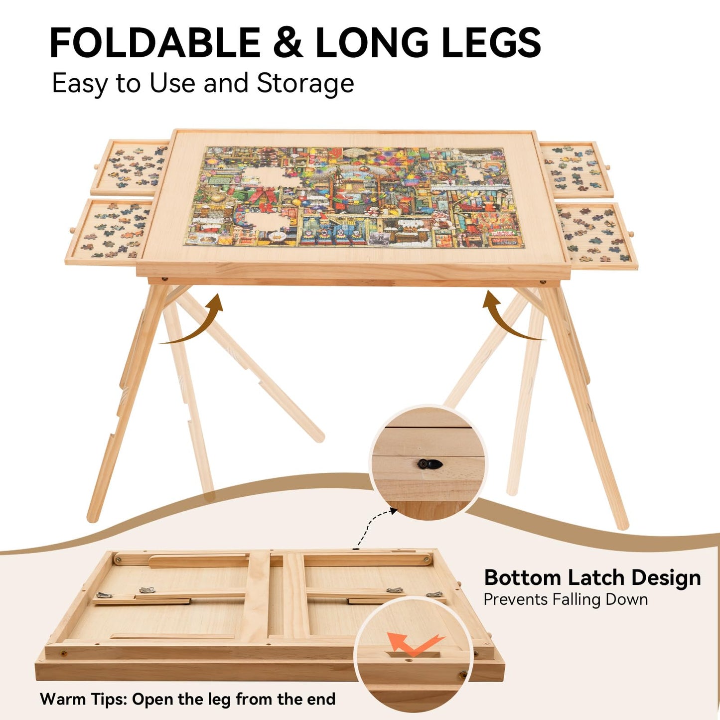 TEAKMAMA 27.6" Tall Jigsaw Puzzle Table, 1500 Piece Capacity, Natural Wood, 34.1"W x 26.2"D, 4 Drawers,
