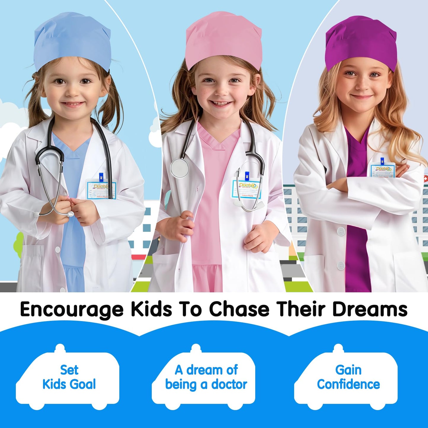 COTATERO Doctor Scrubs Costume for Kids With Stethoscope Lab Coat Career Day Costume Halloween Dress Up For Boys Girls 3-12 (Light Pink  L-130/5-6Y)