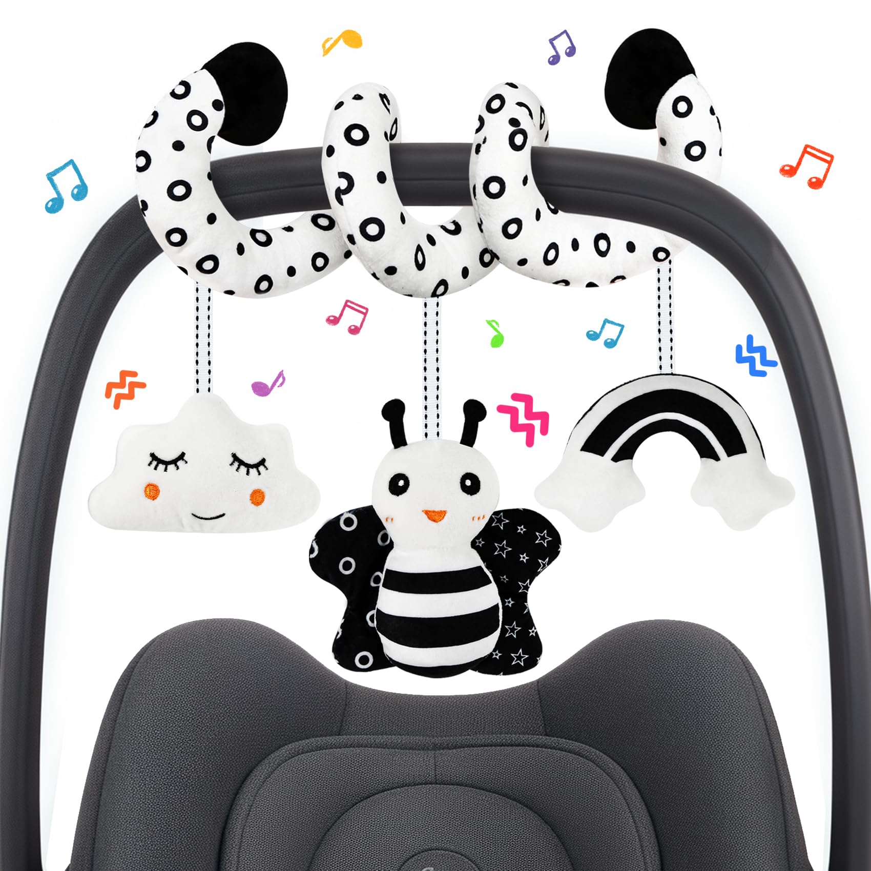 Car Seat Toy,Stroller Toys,Car Seat Toys For Babies 0-6 Months Boy Girl,Spiral Hanging Stroller Black And White High Contrast Sensory Toy Newborn Plush Activity Toys Thank You Gifts For 0 3 6 9 Months