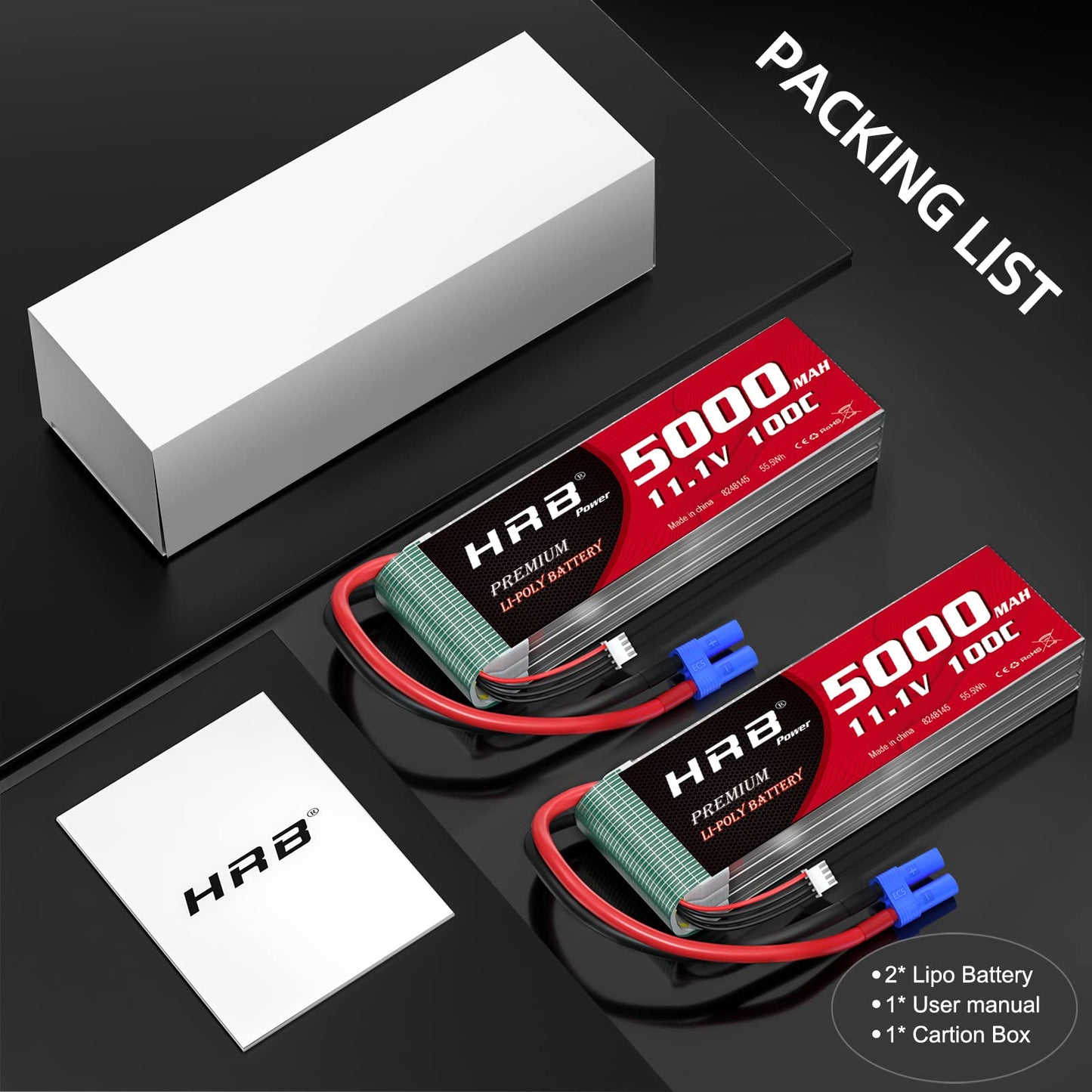 HRB 3S 5000mAh Lipo Battery EC5 100C 11.1V RC Lipo Battery Compatible with RC Car RC Plane RC Truck RC Boat (2packs)