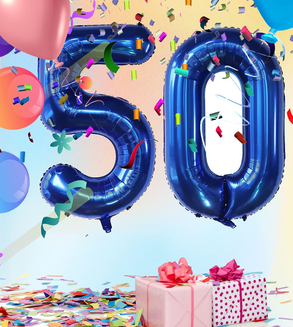 EBAIJQUO 40-Inch Navy Blue Self-Sealing Number 50 Balloons for Birthday & Anniversary Decor, Extra Large Aluminum