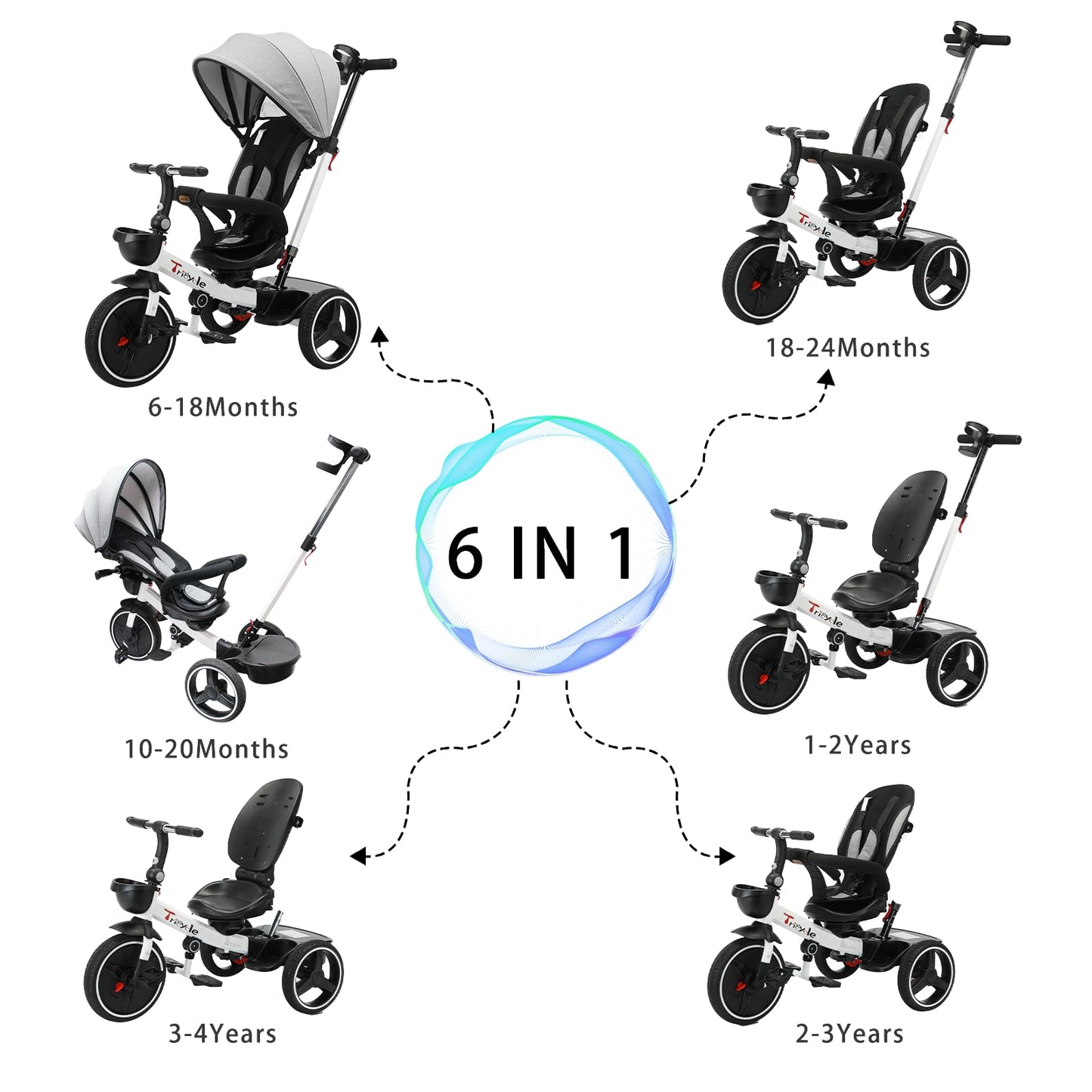 UBRAVOO 6-in-1 Baby Tricycle, Carbon Steel, White, Adjustable Canopy, Safety Harness, Model HLF-6018
