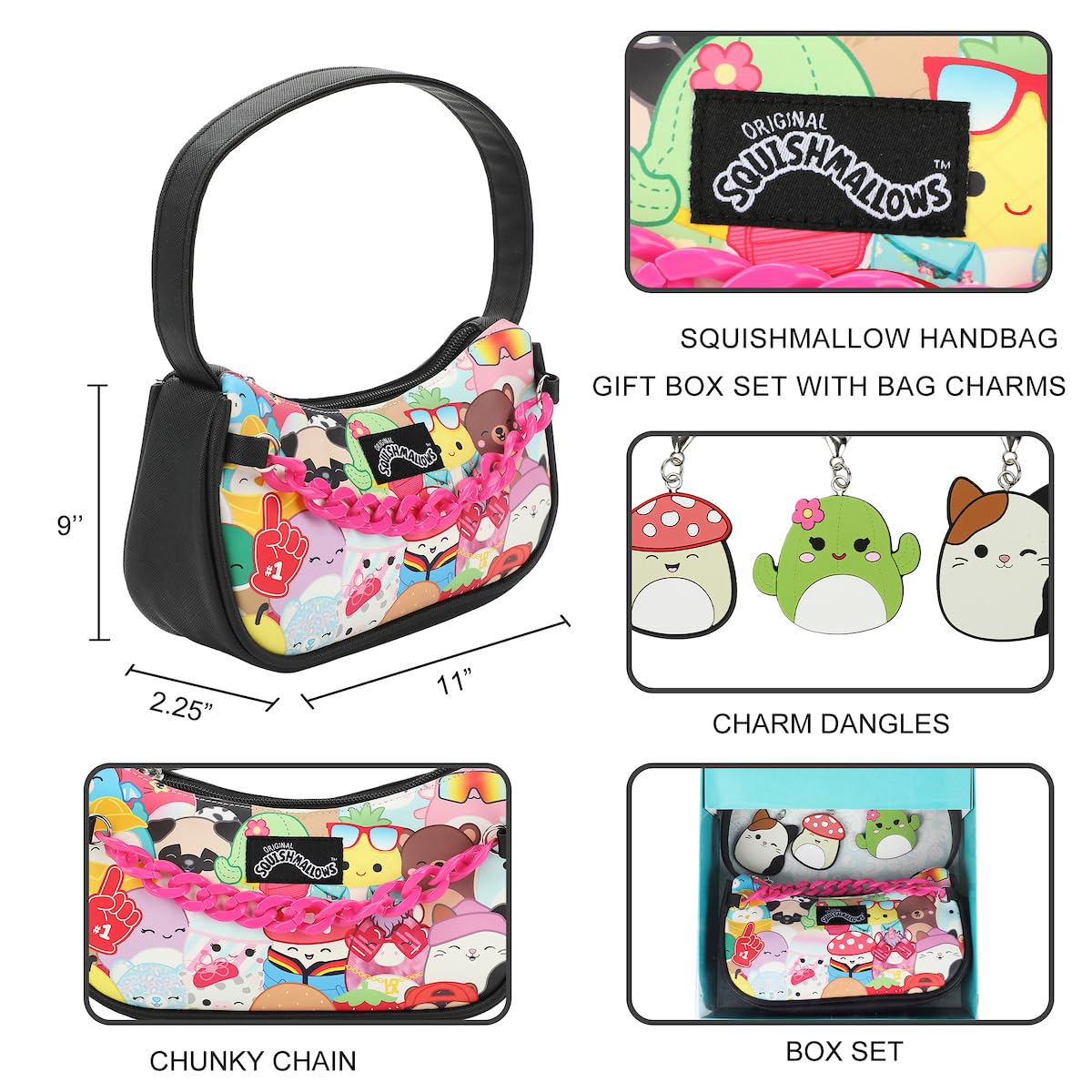 Squishmallows Handbag 4-Piece Gift Box Set Character Collage Design Purse with Pink Chain and Collectible Rubber Charms