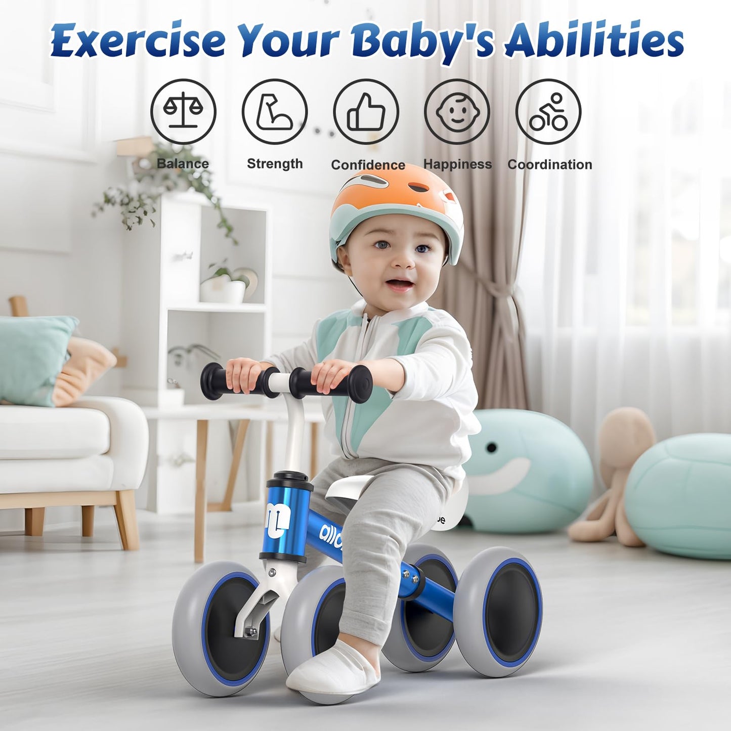 Baby Balance Bike For 1 Year Old, Toddler First Balance Bike, No Pedal Infant 4 Wheels Baby Walker First Birthday Gift, Mini Bik