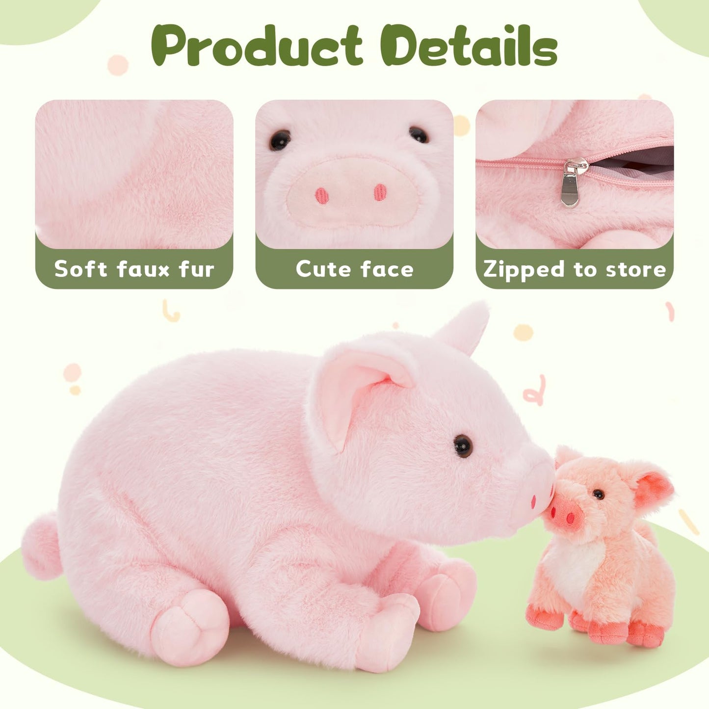 Beniny 5Pcs Pig Stuffed Animals Set, Large Mommy Pink Stuffed Pig Plush 15.7'' With 3 Baby Piggy In Her Zippered Tummy, Cute Pig