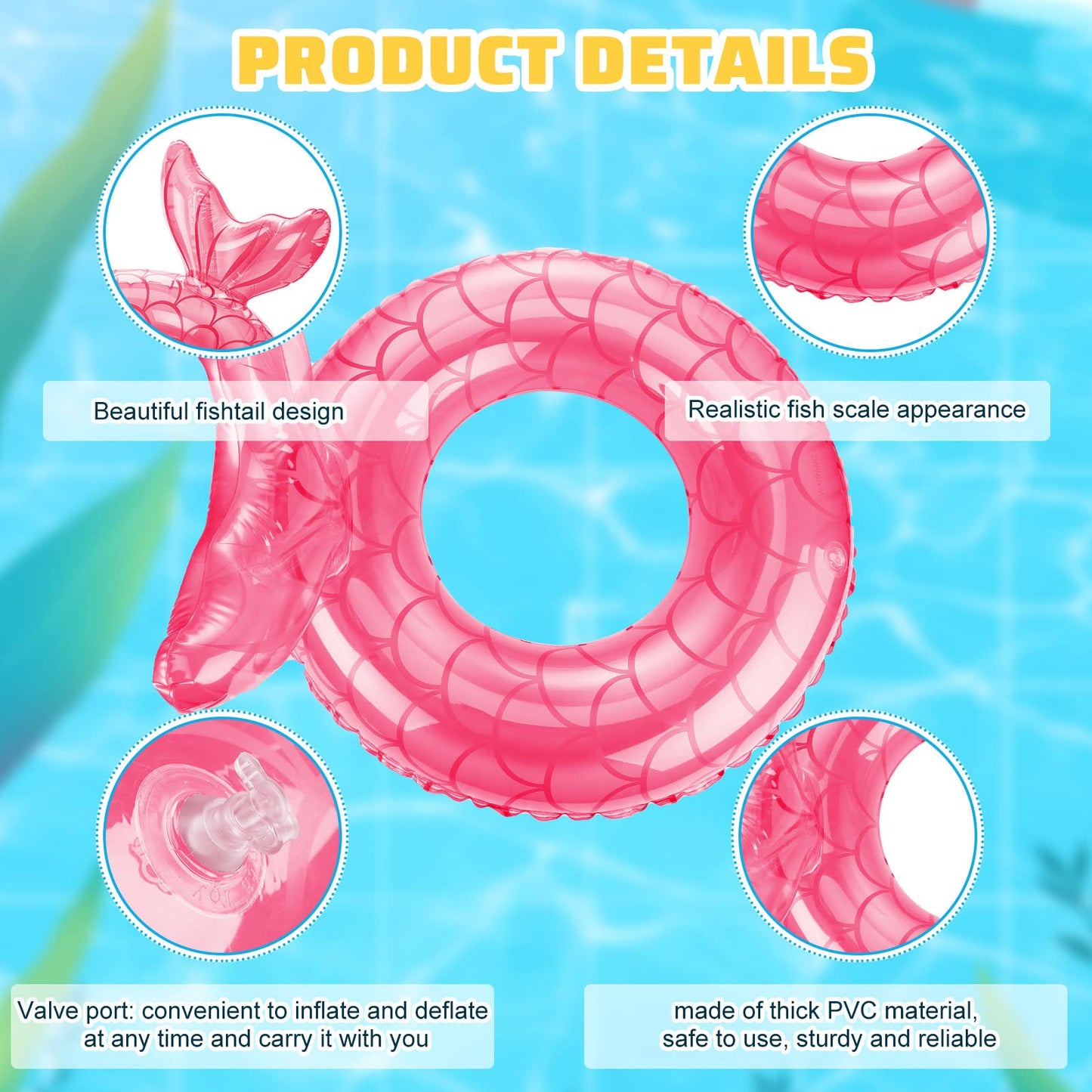Junkin 6 Pcs Mermaid Tail Pool Floaties Inflatable Swim Float Mermaid Pool Ring 30 Inch Inflatable Ring Floatie Summer Beach Pool Float Tube for Kids mature-themed Outdoor Water Beach Pool Party Supplies