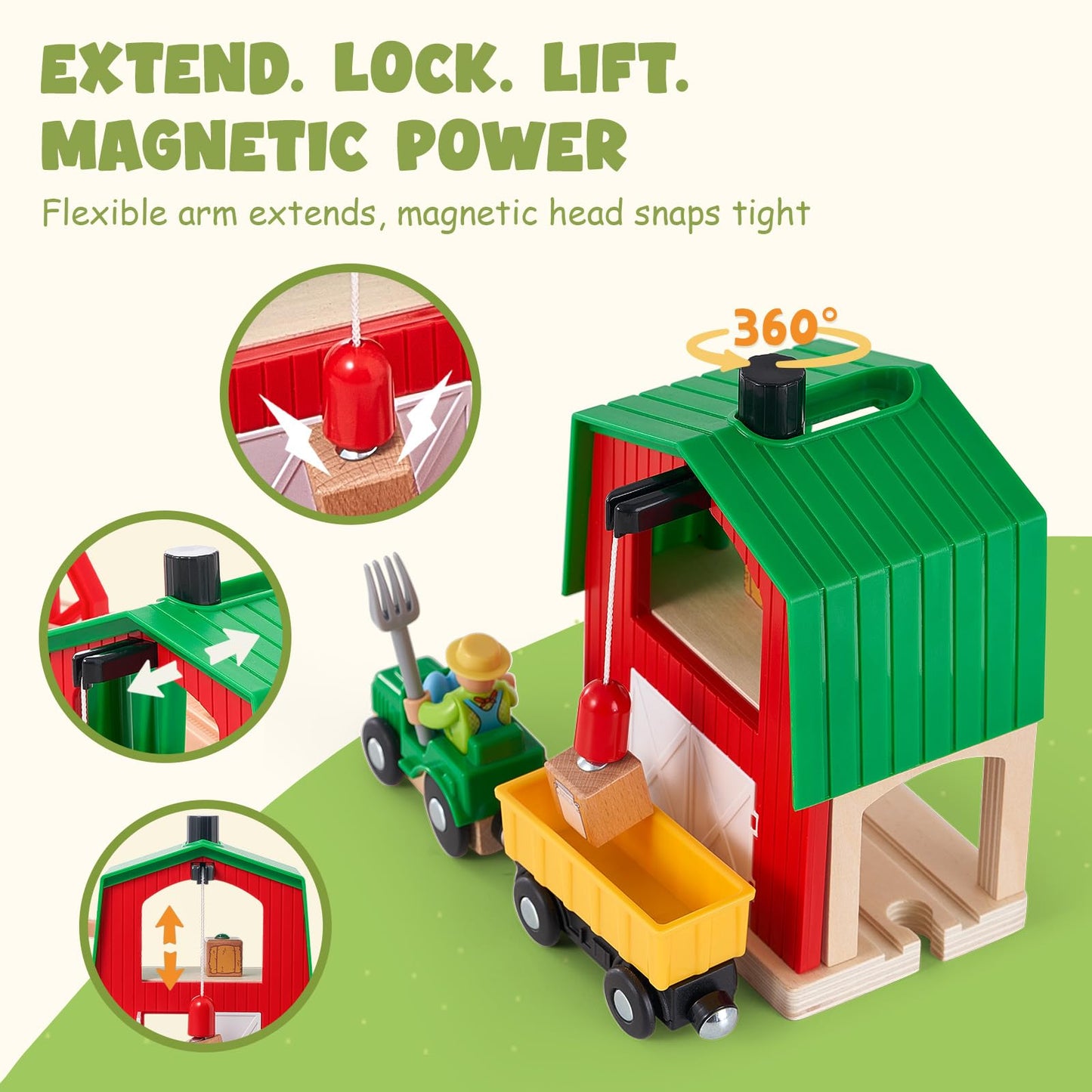 Giant Bean Wooden Farm Train Set - 42PCS Battery Operated Railway Track with Bridge & Animals, 5"x5"x3", Multi Color, Model GA20087
