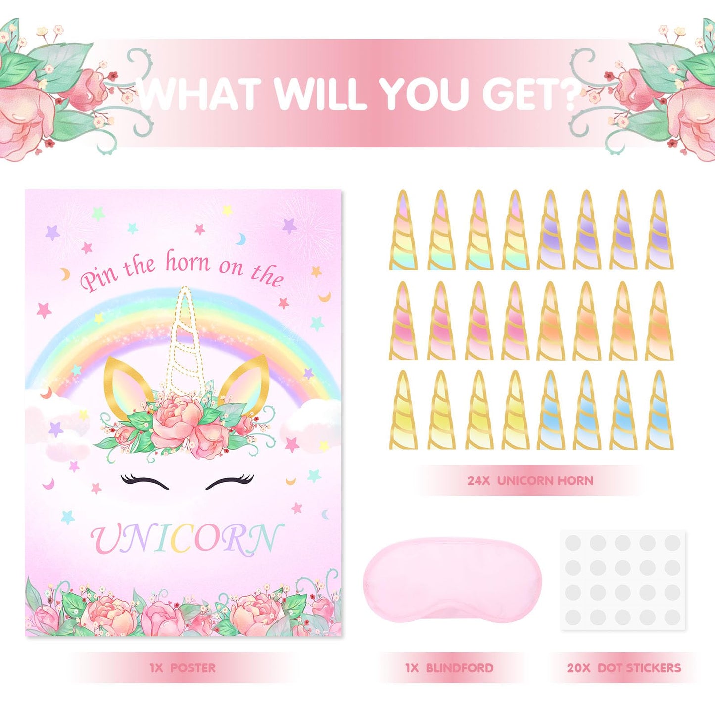 Joarhonal Pin The Tail On The Unicorn Game - Unicorn Birthday Party Games For Girls Unicorn Party Supplies With 24 Pcs Horn Stic