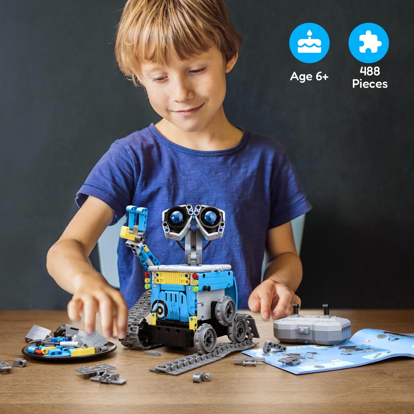 Mibido Robot Building Kit - 5-in-1 Remote Control STEM Toy for Kids, Ages 8-14, Medium to Large, Blue, Plastic, 488 Pieces