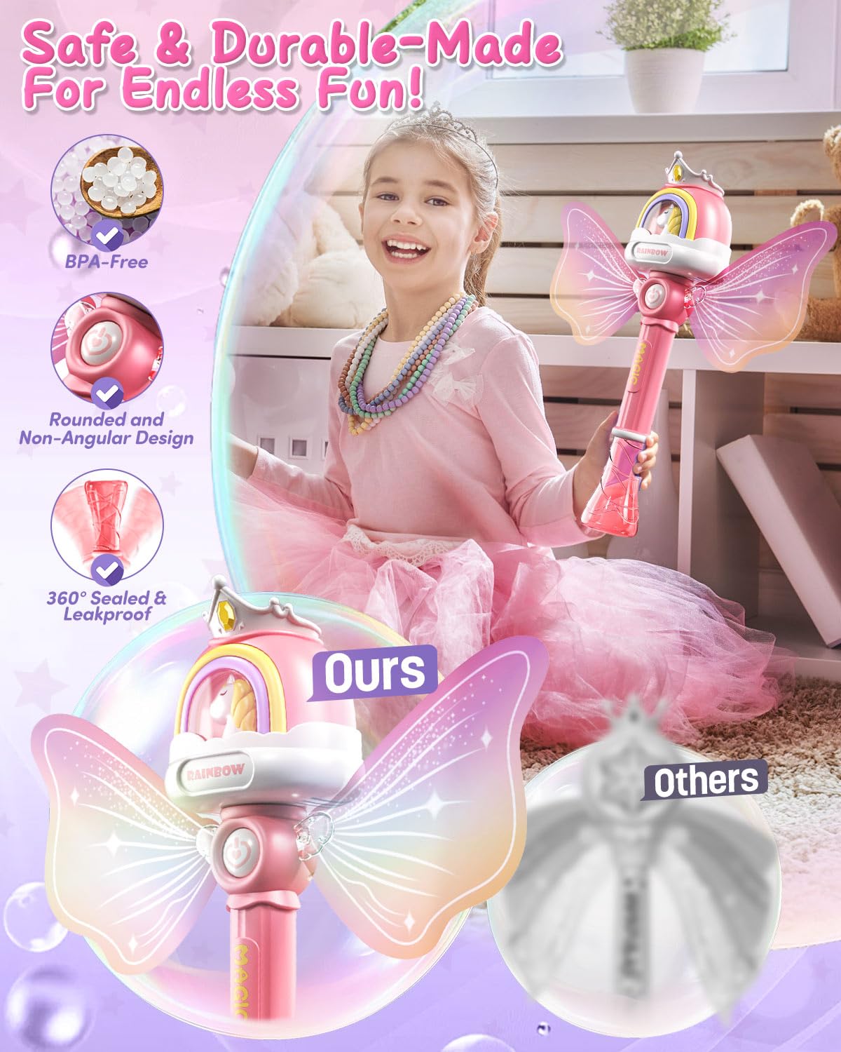 Bubble Wands for Girls Kids, Bubble Machine LED Light Princess Toys with 4 AA Batteries & 2 Solutions, Girl Stuff Outdoor Party