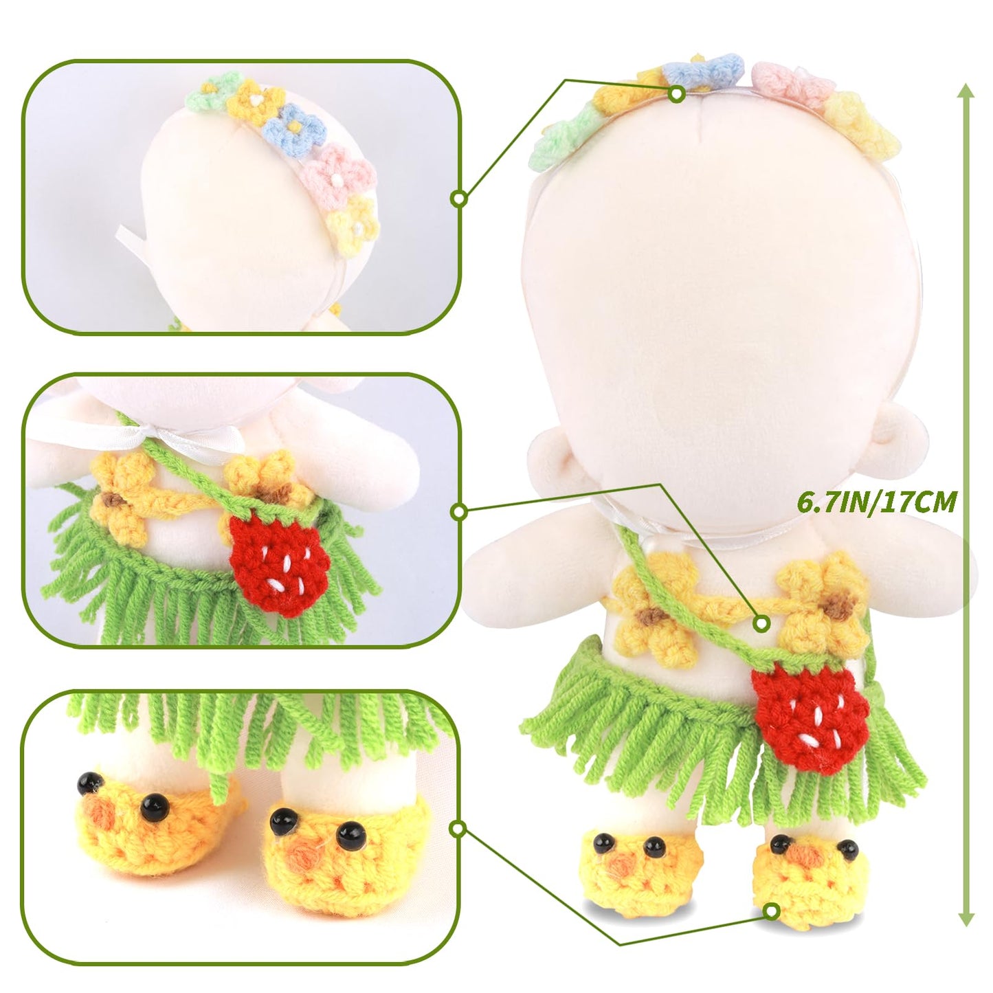 Handmade Clothes for Doll  5-Piece Set Woolen Crochet Doll Clothes 6.7in/17cm Outfits Cute Accessories Includes Chickadee Shoes+Straw Skirt+Bikini top+Floral Headband+Strawberry Backpack