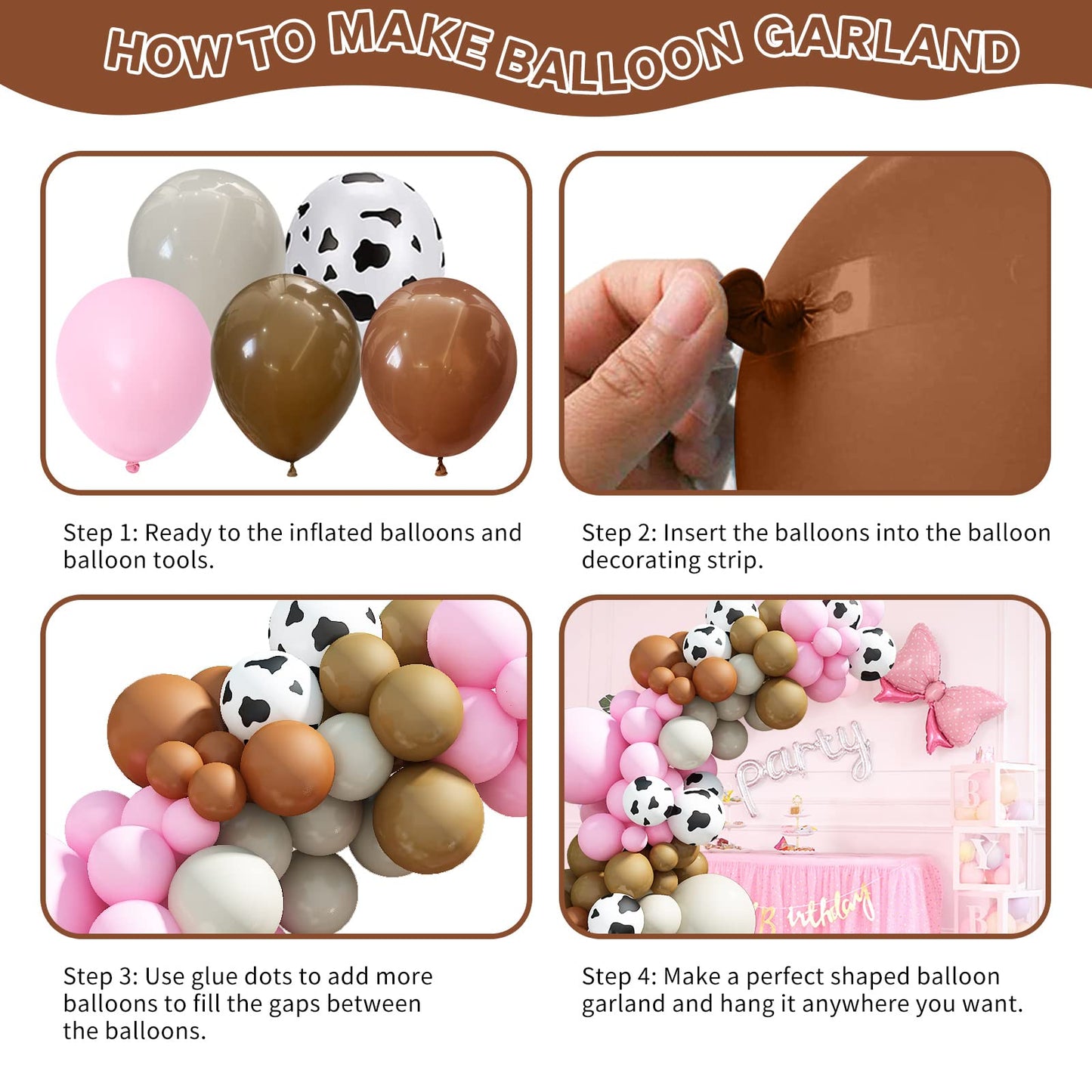 121 Pcs Cow Print Balloon Arch Kit, Pink Nude Brown Tan Apricot Cow Balloon Arch Garland Kit Different Sizes, Balloons Garland K