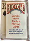 Jumbo Index Bicycle Euchre Playing 52 Cards 2 Sets A-9 1 Blue 1 Red w/ 4 Counter