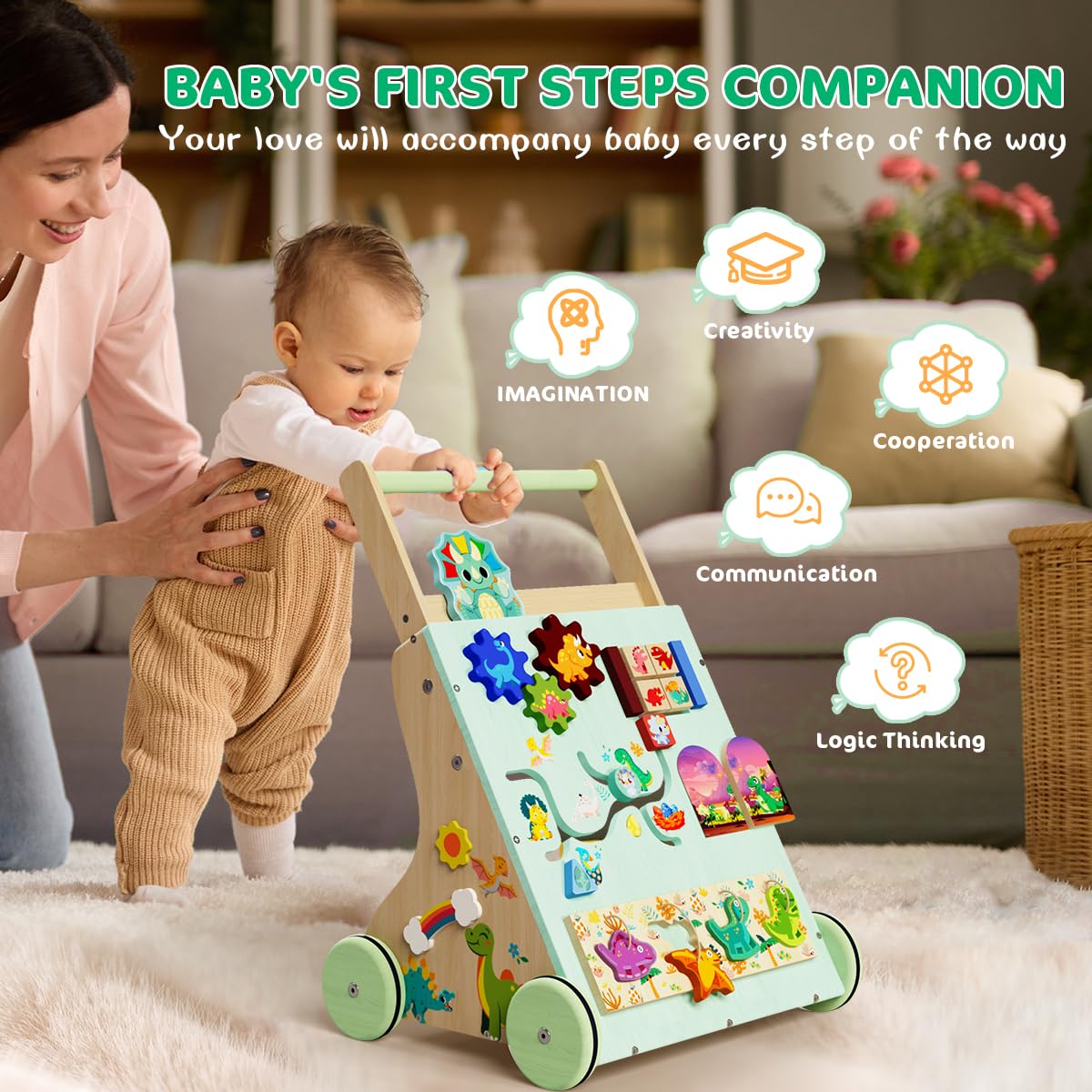 Terramus Wooden Baby Walker, Dinosaur Toddler Push Walker, Montessori Learning Activity Center For Boys Girls, Develops Motor Sk