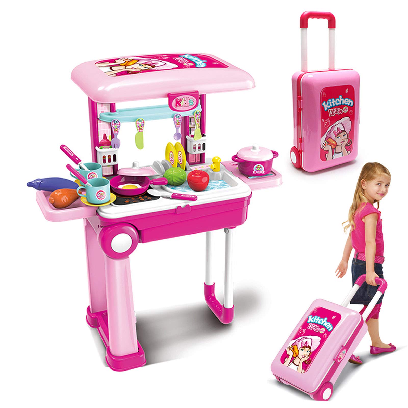 2-in-1Travel Luggage Turn into Play Kitchen, Kids Kitchen Playset Toys with 25+Play Food for Toddelers, Girls and Boys, Pretend 