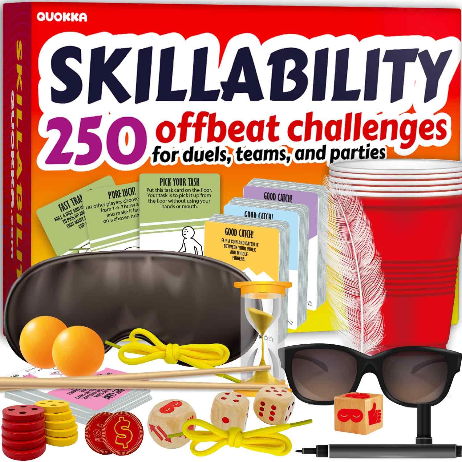 QUOKKA Challenge Game Set - 250 Unique Cards with Fun Tasks - Family Game for Kids mature-themeds - Perfect for Game Nights  Parties  TeamBuilding - Includes Reusable Props  Special Dice  Interactive Gameplay