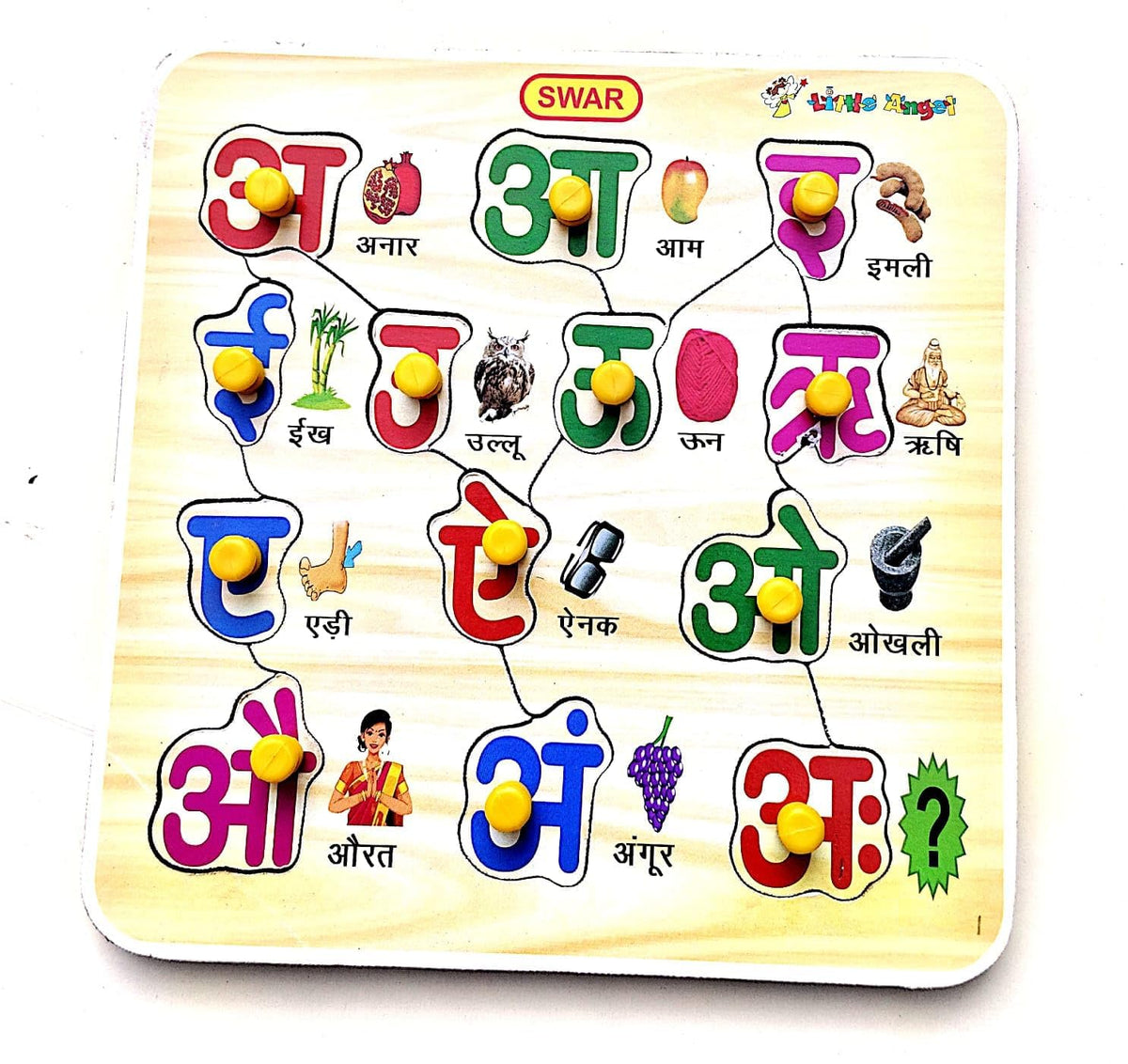 Wooden Hindi Vowel Alphabets With Picture And Knobs Colour Learning Educational Board For Kids Children Boys Girls