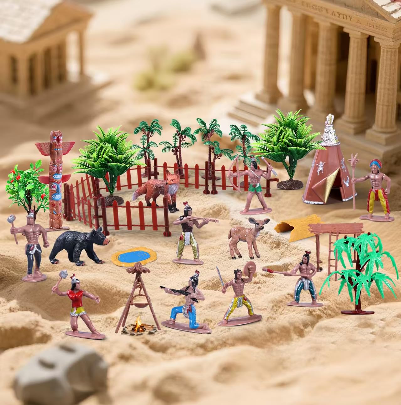 kukifun 31Pcs Native American Village Playset  Assorted Indigenous People Figures with Tepee  Totem Pole  Fence  Trees  Animals  Tribal Cultural History Educational School Project Toys for Kids