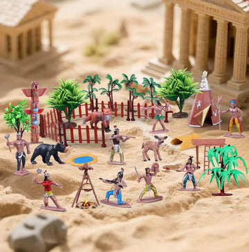 kukifun 31Pcs Native American Village Playset  Assorted Indigenous People Figures with Tepee  Totem Pole  Fence  Trees  Animals  Tribal Cultural History Educational School Project Toys for Kids