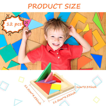 Meooeck Wooden Tangrams Puzzle, 12 Pieces - Portable, Educational Gifts For Kids Ages 4-8, Brain Logic Blocks For Manipulatives