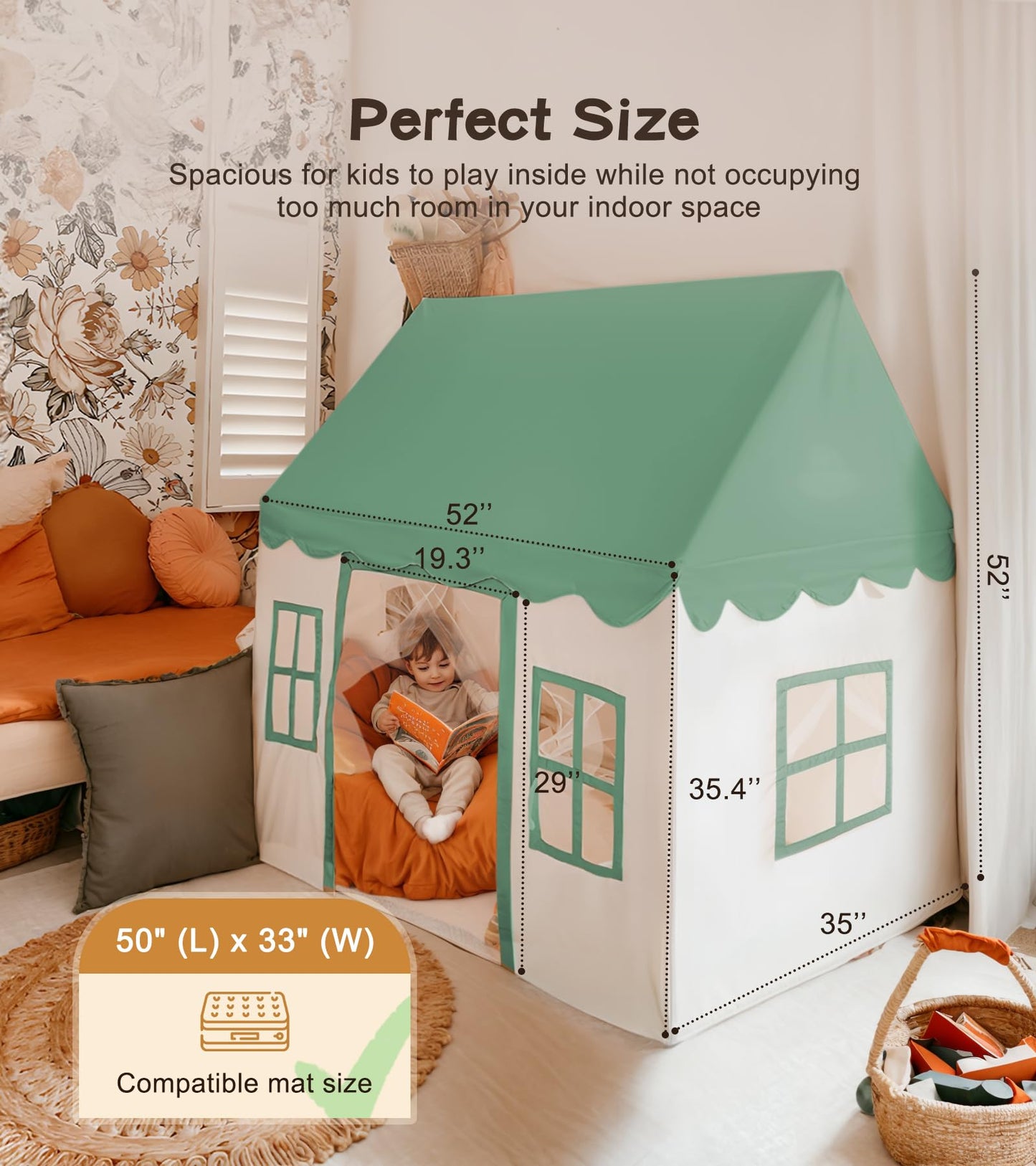 Play Tent With Mat, Star Light Large Kids Playhouse With Windows Easy To Wash, Indoor And Outdoor Play Tent For Kids, Little Dove Toys For Girls, Boys, 47X40X52 (Green Play Tent, Large Size)