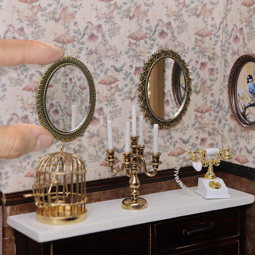 iLAND Dollhouse Mirrors, Miniatures Dollhouse Accessories on 1:12 Scale, Metal Framed Glass Mini Mirror w/Rose & Sunflower Patte