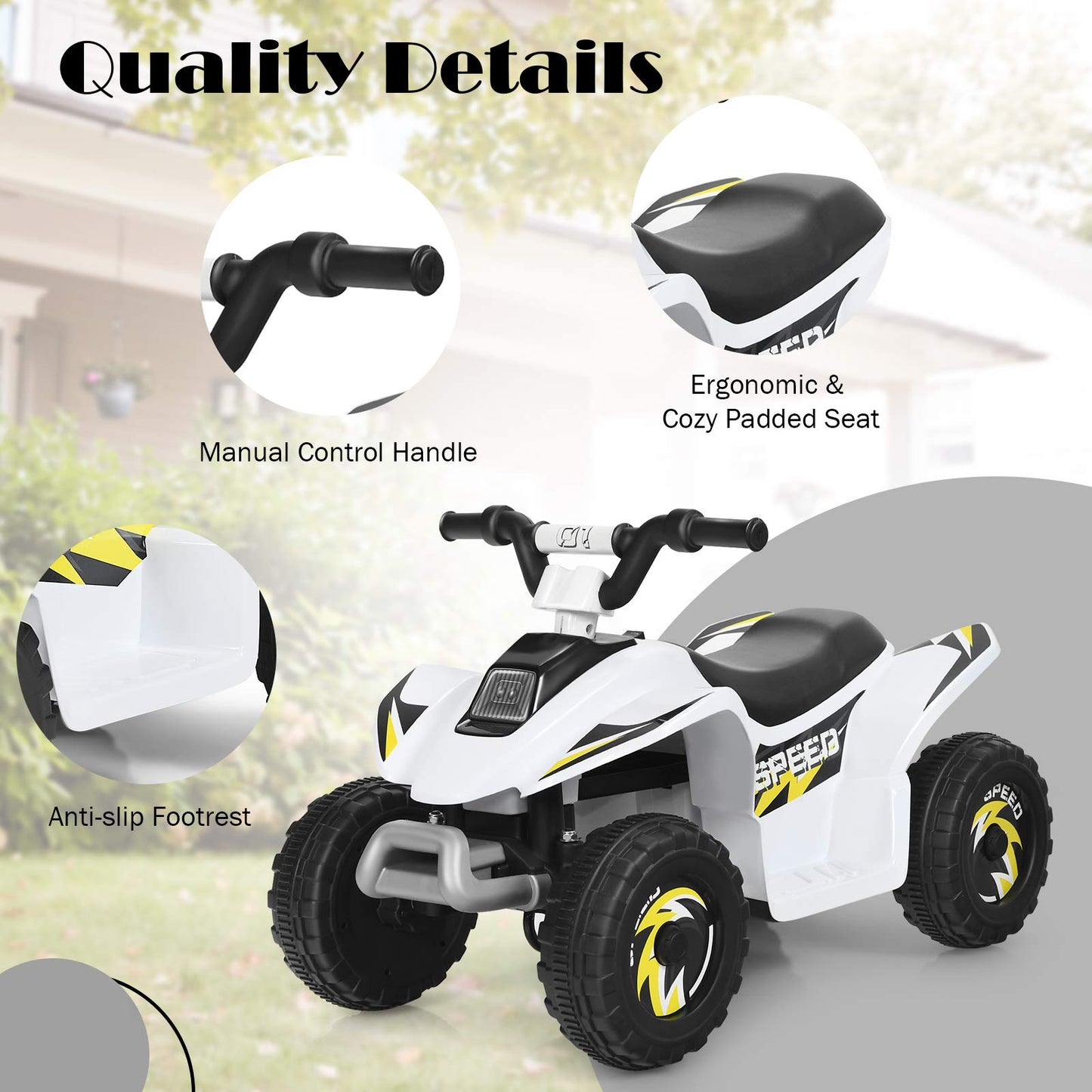 OLAKIDS Kids Ride On ATV  6V Motorized Quad Toy Car for Toddlers  4 Wheeler Battery Powered Electric Vehicle for Boys Girls with Forward/Reverse Switch  Anti-Slip Wheels (White)