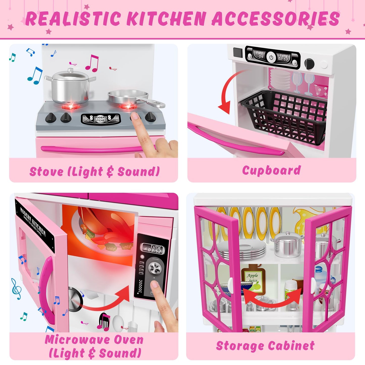 Wee Wonders 57 PCS Kitchen Playset for Girls, 5-in-1 Toddler Mini Kitchen with Realistic Lights & Sounds, Doll Kitchen House Toy